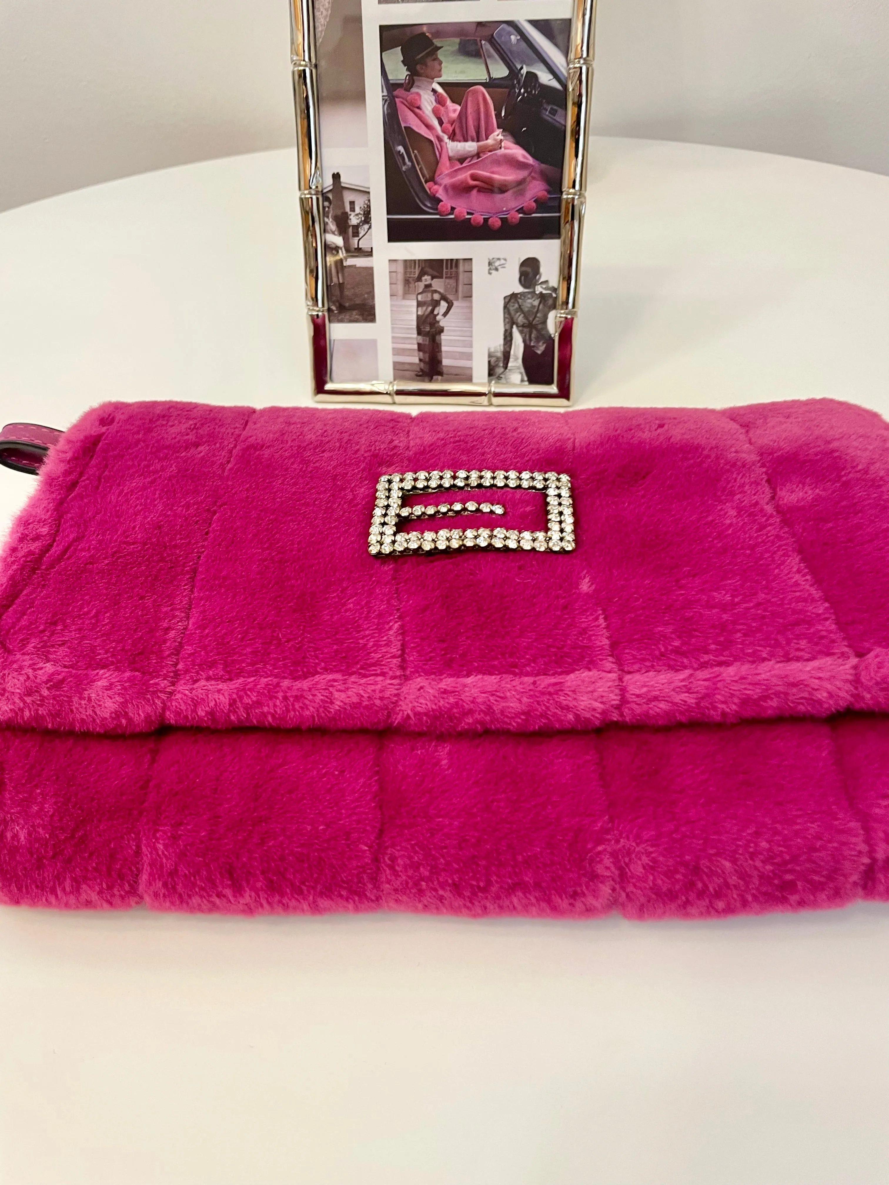 Flirty gal magenta soft and rich faux fur clutch bag adorned with rhinestones..so stunning