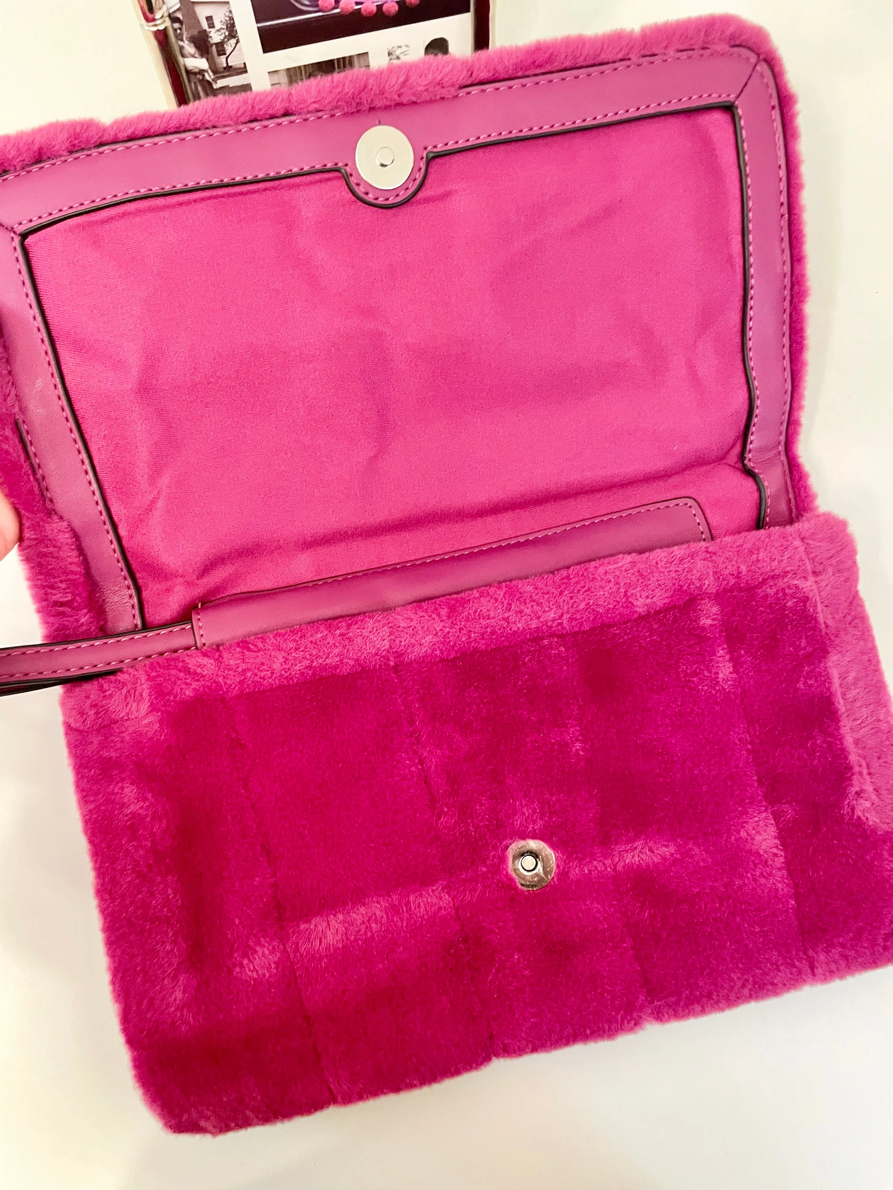 Flirty gal magenta soft and rich faux fur clutch bag adorned with rhinestones..so stunning