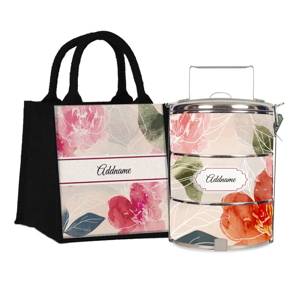 Floral Hues Flora Series 3-Tier Standard Medium 14cm Tiffin Carrier [FREE Custom Add Name]