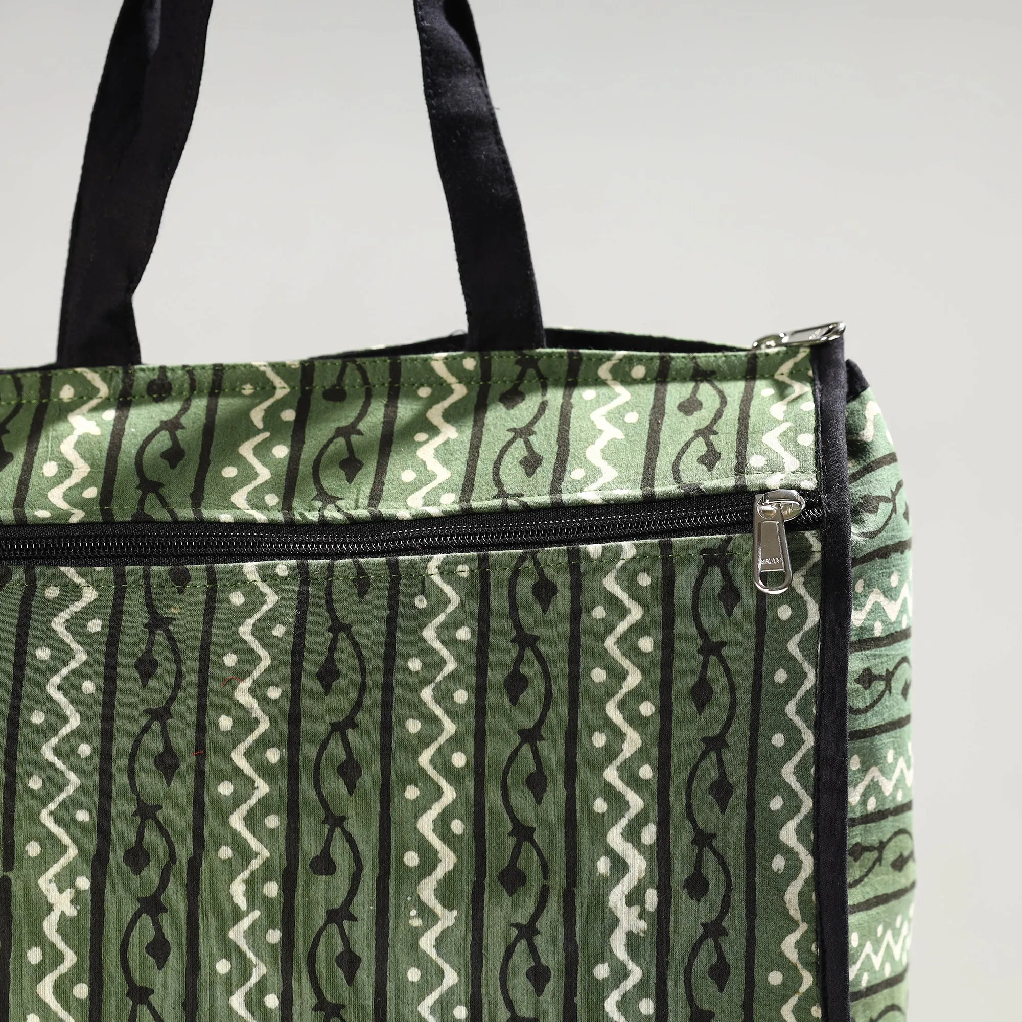 Green - Handmade Pipad Block Printed Cotton Shopping Bag