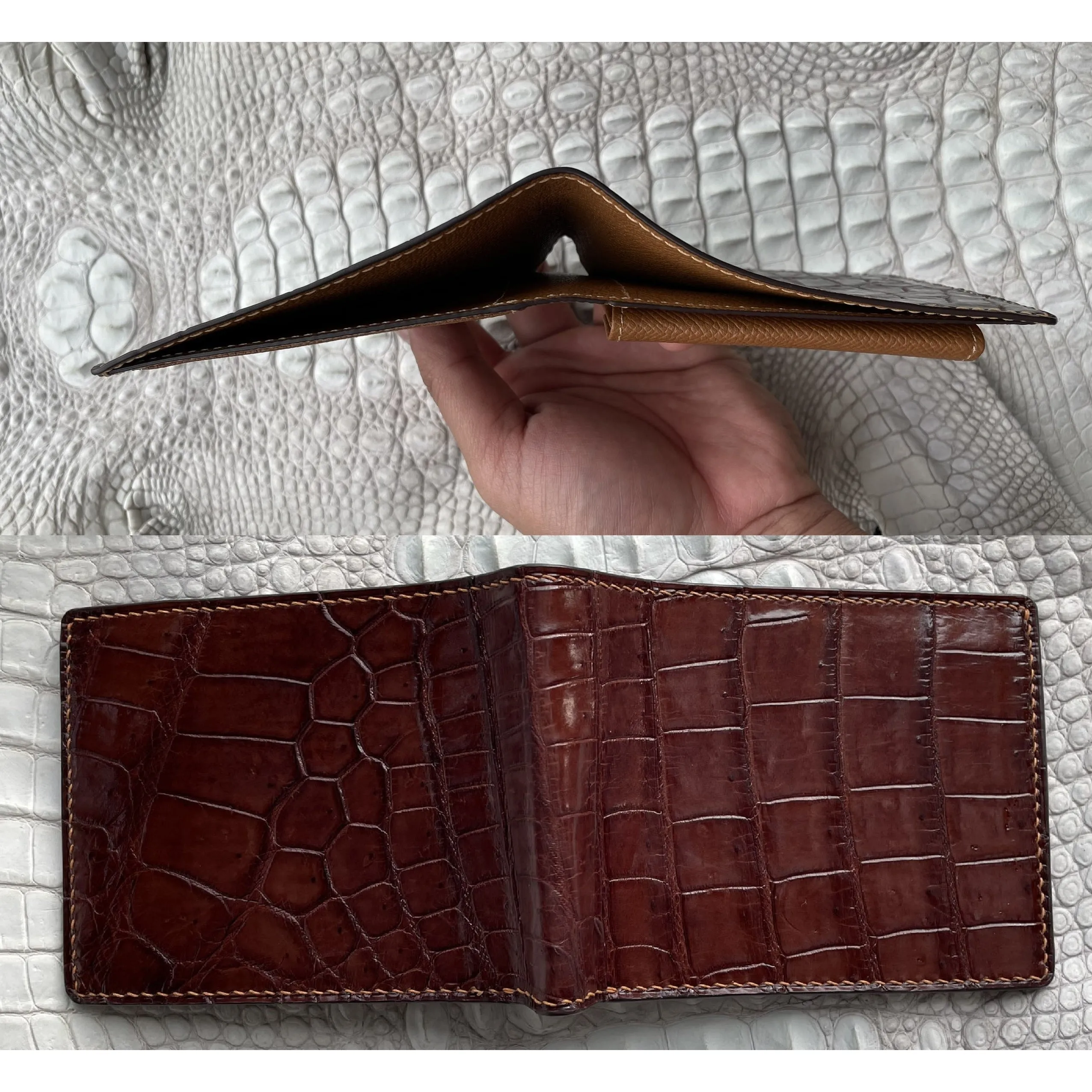 Hand Stitching Brown Alligator Bifold Wallet with Coin Pocket | Slim Leather Wallet RFID Blocking | VINAM-93