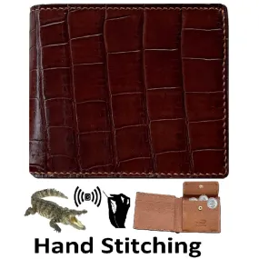 Hand Stitching Brown Alligator Bifold Wallet with Coin Pocket | Slim Leather Wallet RFID Blocking | VINAM-93