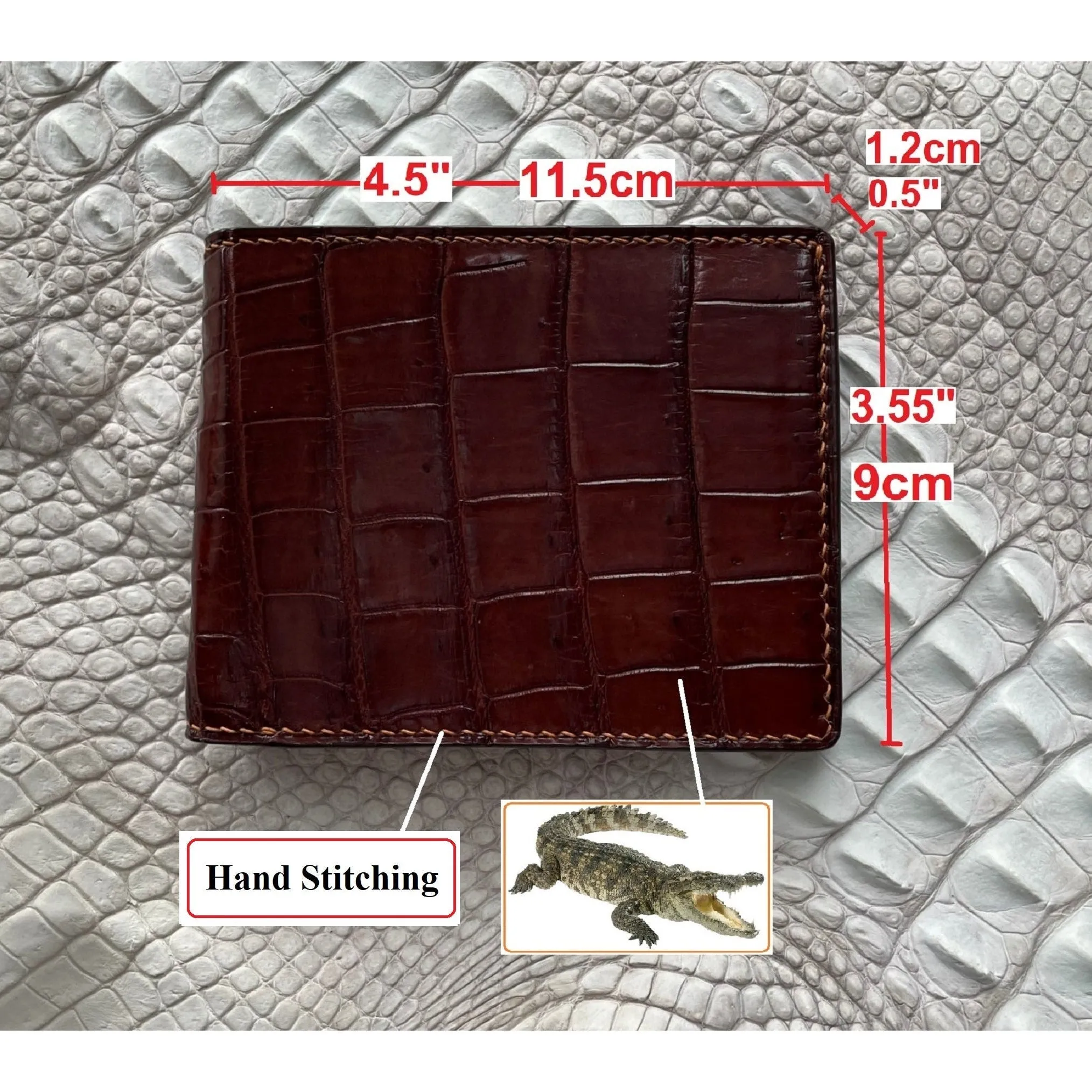 Hand Stitching Brown Alligator Bifold Wallet with Coin Pocket | Slim Leather Wallet RFID Blocking | VINAM-93