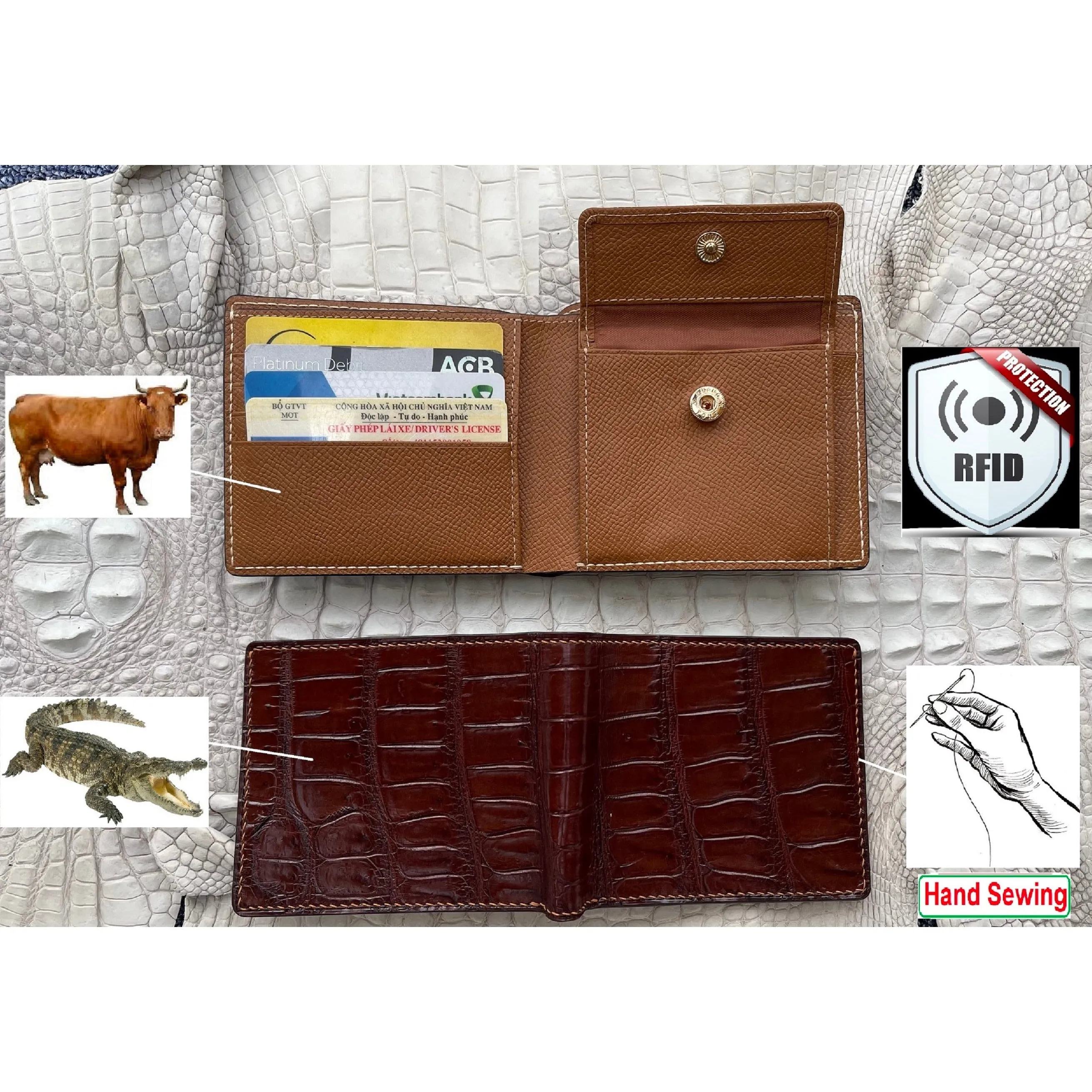 Hand Stitching Brown Alligator Bifold Wallet with Coin Pocket | Slim Leather Wallet RFID Blocking | VINAM-93