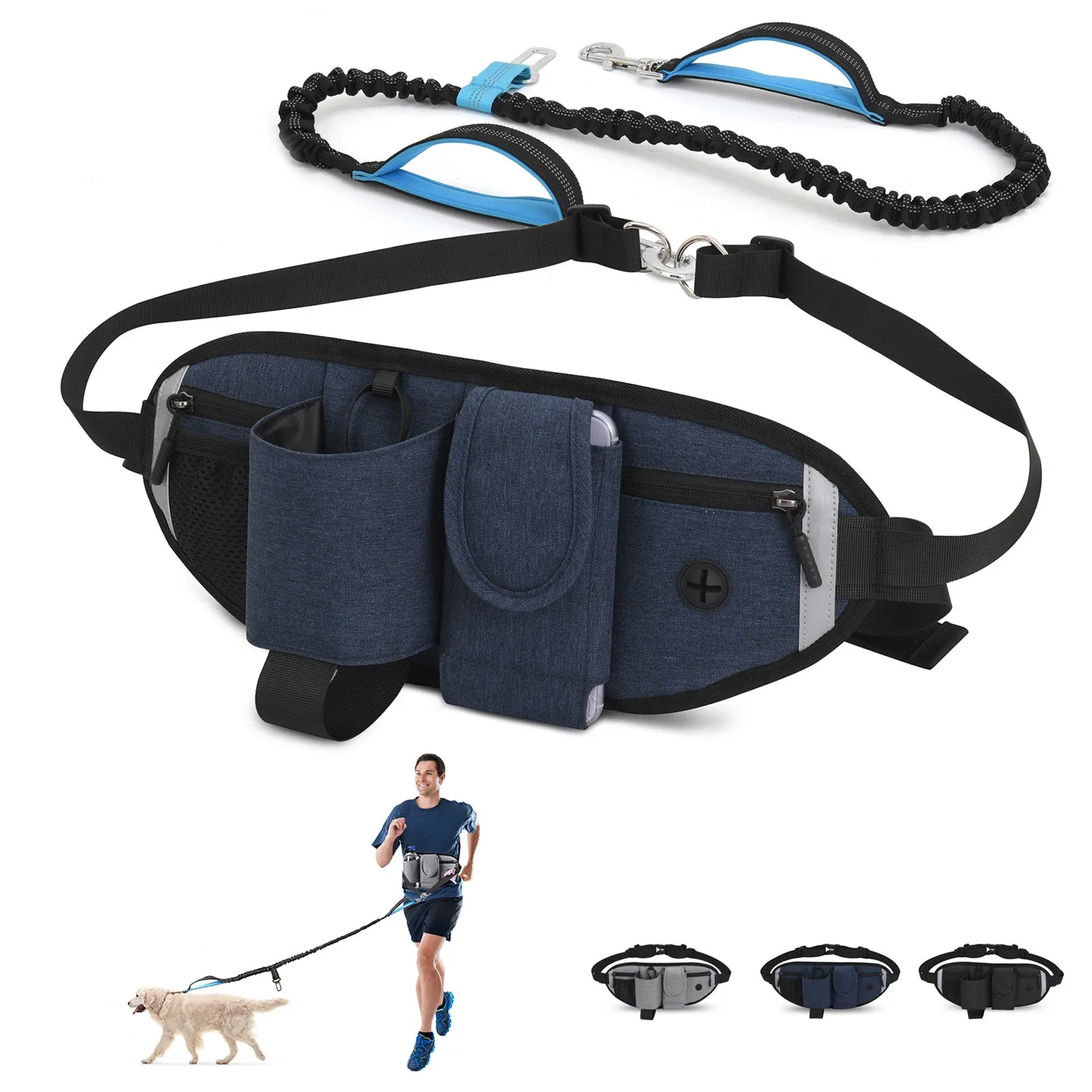 Hands Free Dog Leash with Waist Bag for Walking Small Medium Large Dogs;  Reflective Bungee Leash with Car Seatbelt Buckle and Dual Padded Handles;  Adjustable Waist Belt