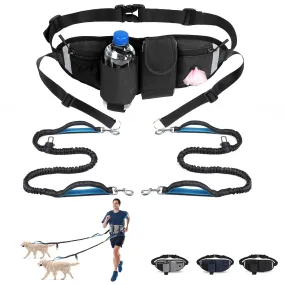 Hands Free Dog Leash with Waist Bag for Walking Small Medium Large Dogs;  Reflective Bungee Leash with Car Seatbelt Buckle and Dual Padded Handles;  Adjustable Waist Belt