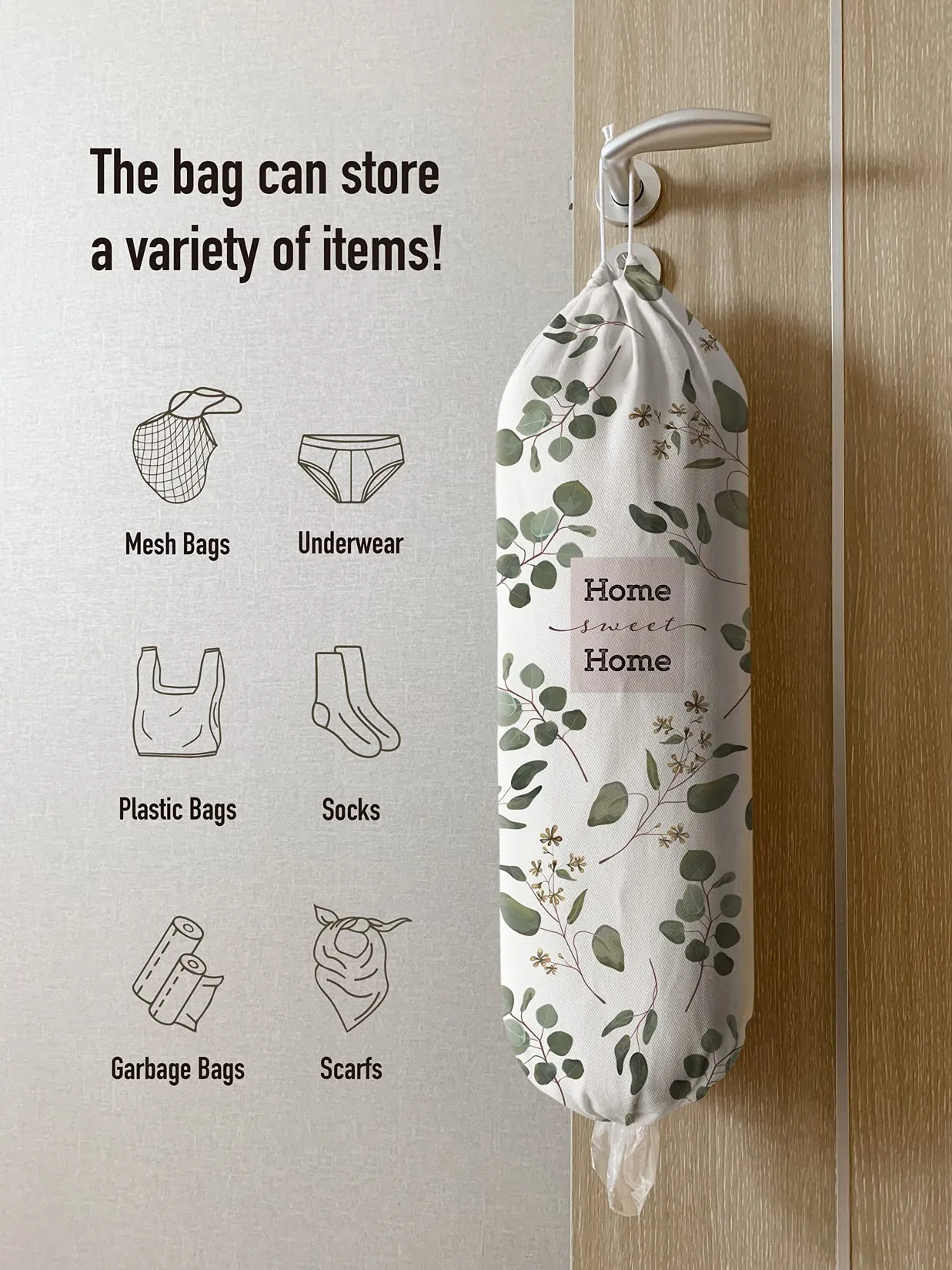 Hglian Grocery Bag Storage Dispenser,Eucalyptus Leaves Plastic Bag Holder,Garbage Shopping Trash Bags Carrier Organizer,Farmhouse Sweet Home Kitchen Decor,Gifts for Women Grandma Mom