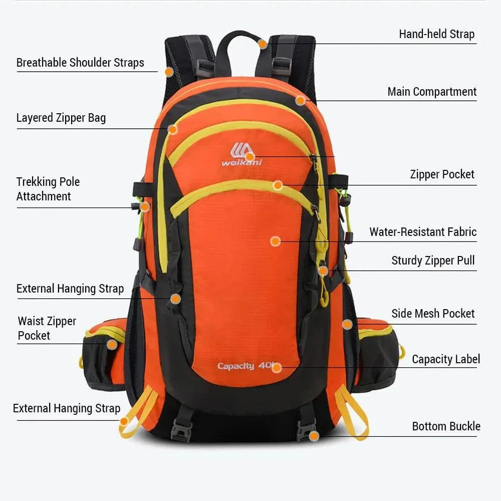 Hiking Backpack 40L Waterproof Outdoor Travel Daypack Multi Pocket Camping Backpack Equipped with thick Breathable Sponge Pads