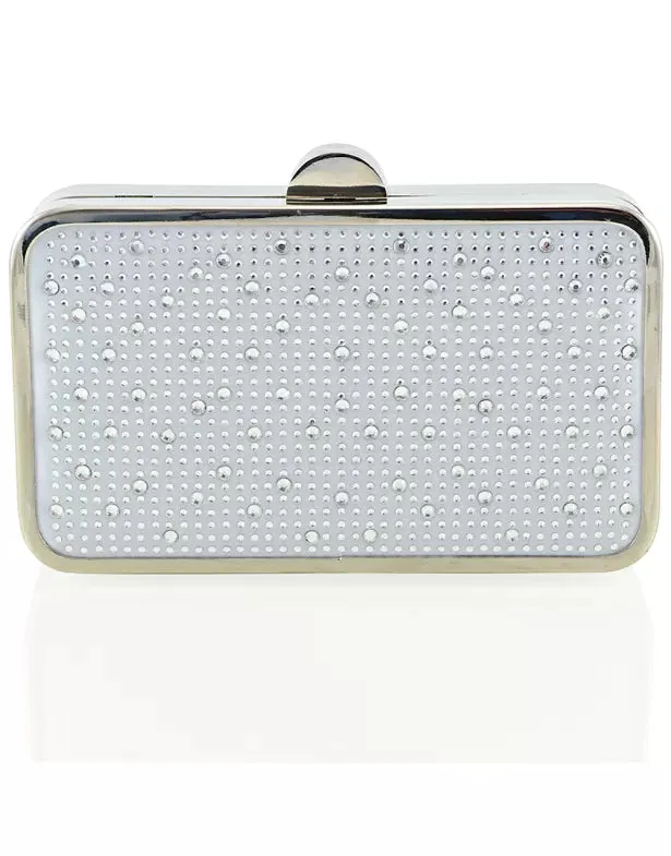 JASMINE CHROME PLATED DETAIL CLASP DIAMANTE CLUTCH EVENING BAG IN SILVER SATIN