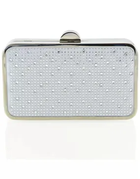 JASMINE CHROME PLATED DETAIL CLASP DIAMANTE CLUTCH EVENING BAG IN SILVER SATIN