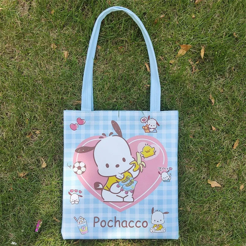 Kawai Cartoon Sanrios Pu Shopping Bag Waterproof Shoulder Bag Handbag Grocery Shopping Bag Student Schoolbag Gift For Children