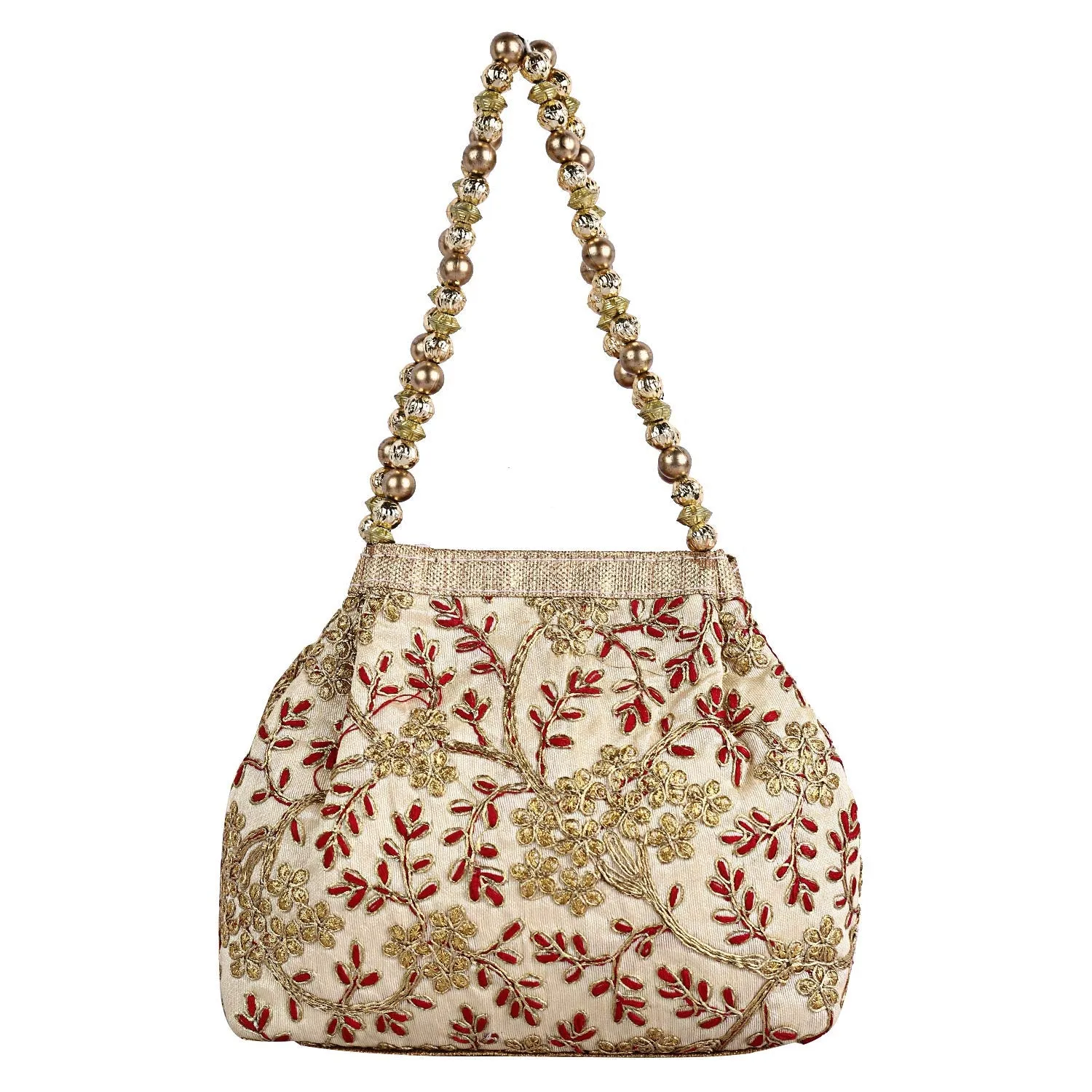 Kuber Industries Attractive Embroidery Polyester Hand Purse & Artificial Pearls Handle with 3 Magnetic Lock for Woman,Girls (Cream)