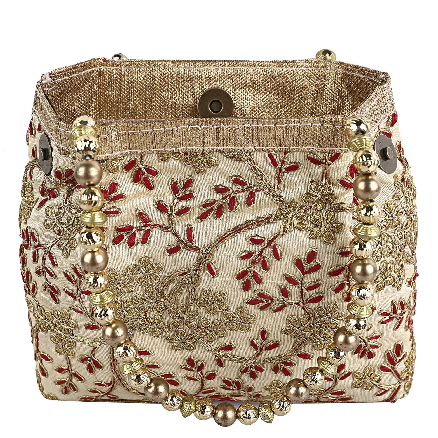 Kuber Industries Attractive Embroidery Polyester Hand Purse & Artificial Pearls Handle with 3 Magnetic Lock for Woman,Girls (Cream)