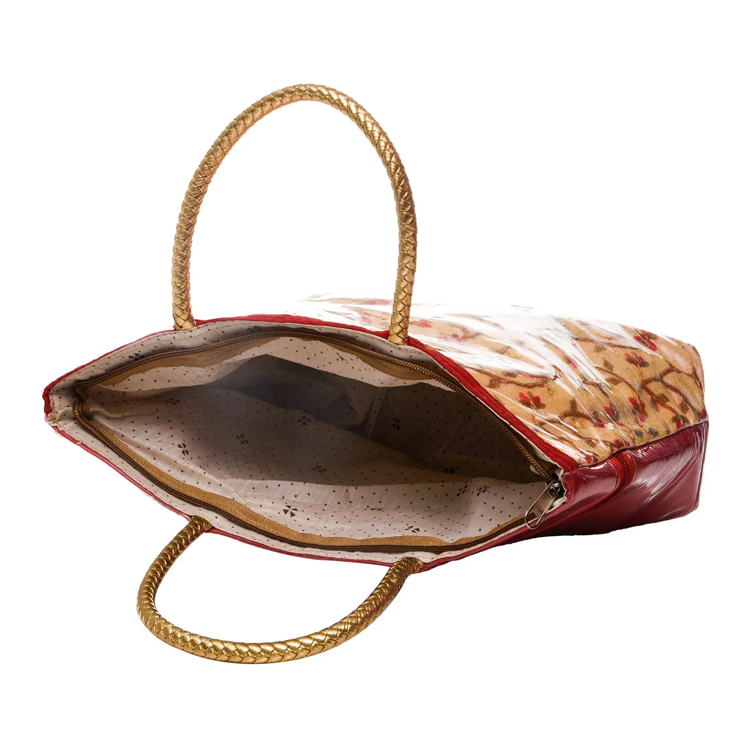 Kuber Industries Hand Bag|PVC Laminated Floral Red Border Embroidery Purse|Traditional Indian Handmade Shoulder Bag with Golden Handle (Red)