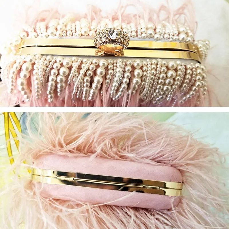 Ladies Pink Handbag Pearl Clutch Luxury Design