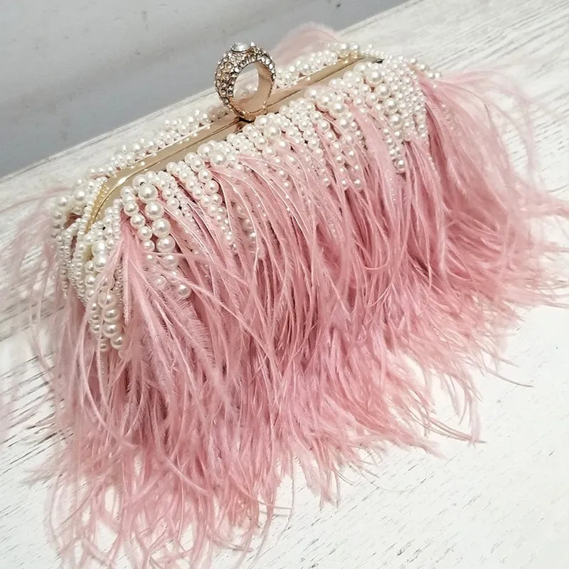 Ladies Pink Handbag Pearl Clutch Luxury Design