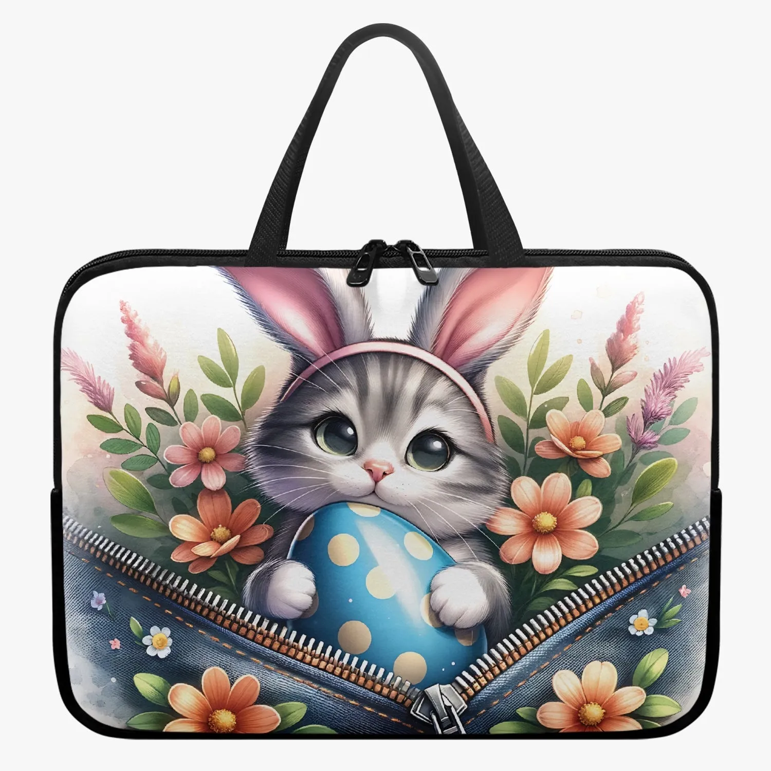 Laptop Sleeve with handles - Easter - Cat with Bunny Ears