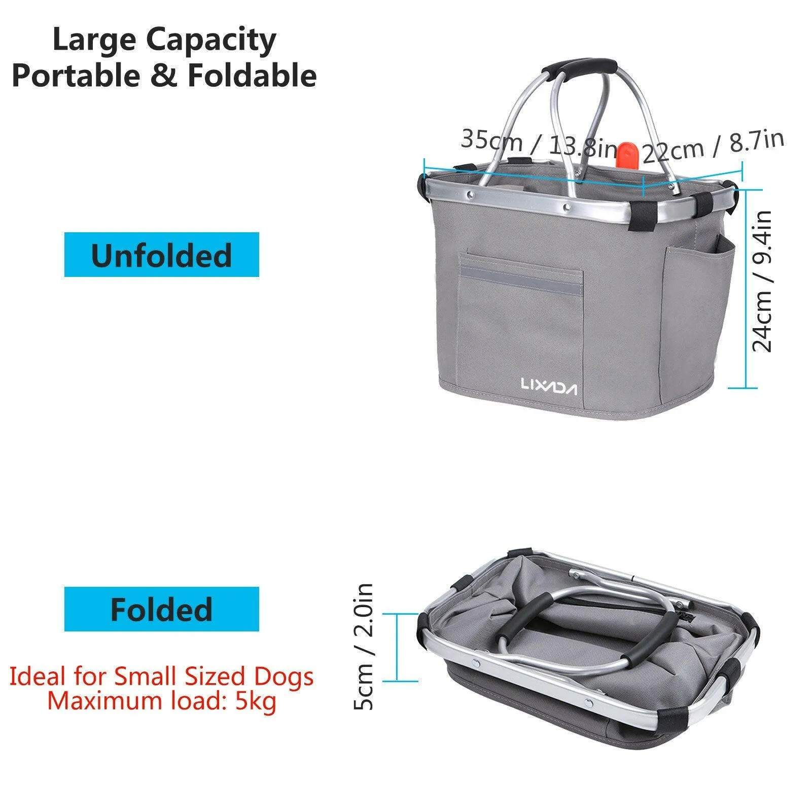 Lixada Collapsible Bike Basket Bicycle Handlebar Front Basket Pet Carrier Bag for Shopping Commuting