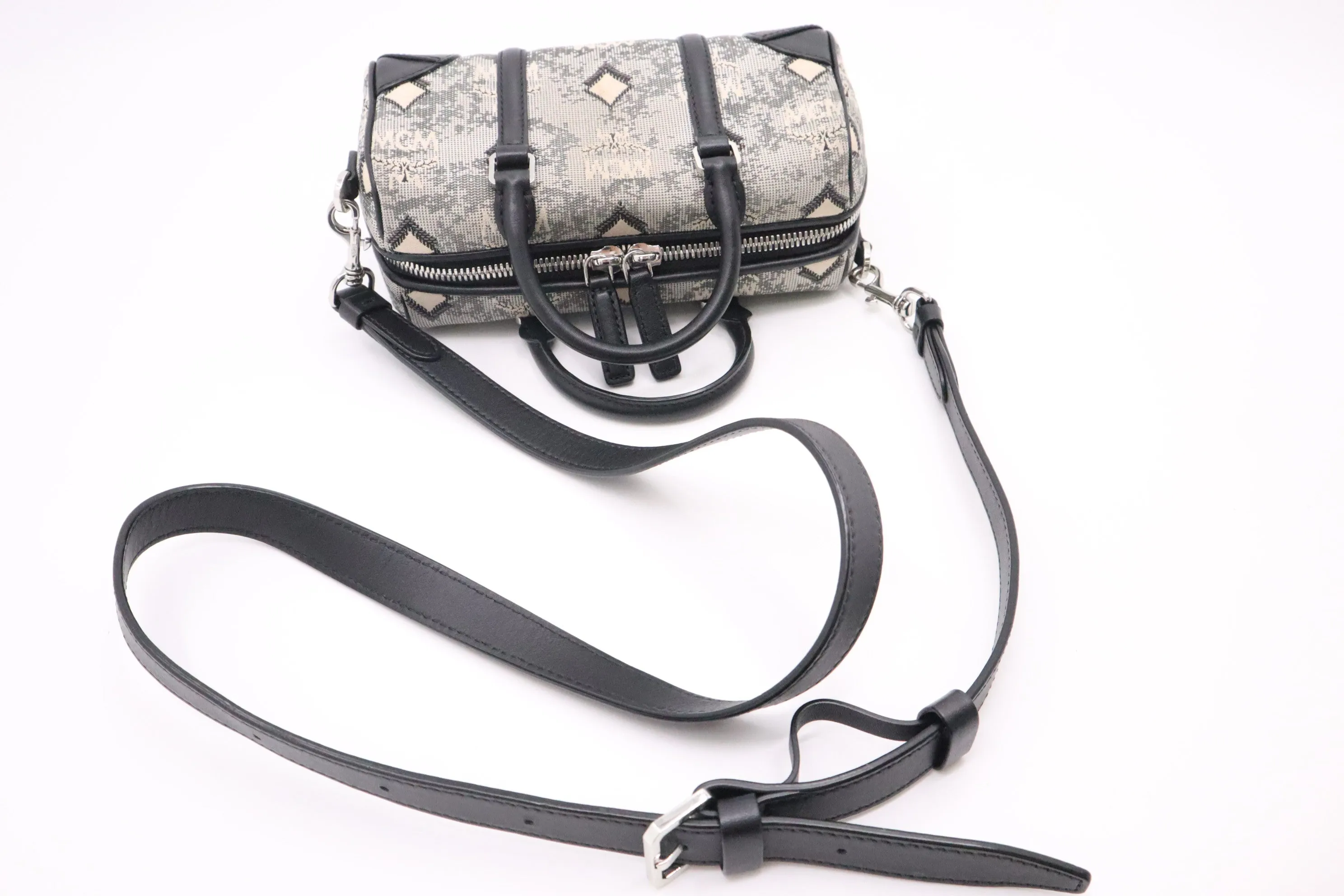 MCM Boston Bag in Black and Grey Vintage Jacquard Monogram Canvas