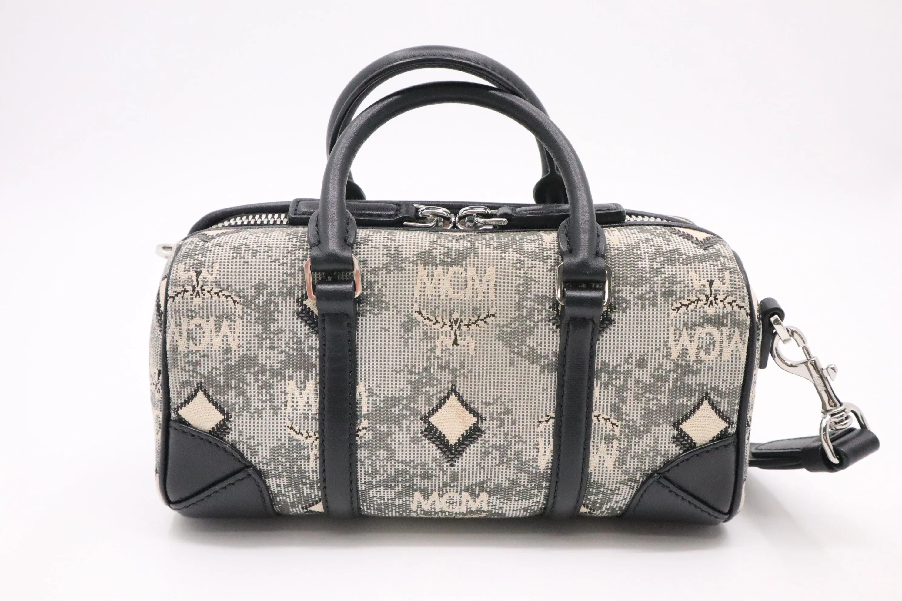 MCM Boston Bag in Black and Grey Vintage Jacquard Monogram Canvas