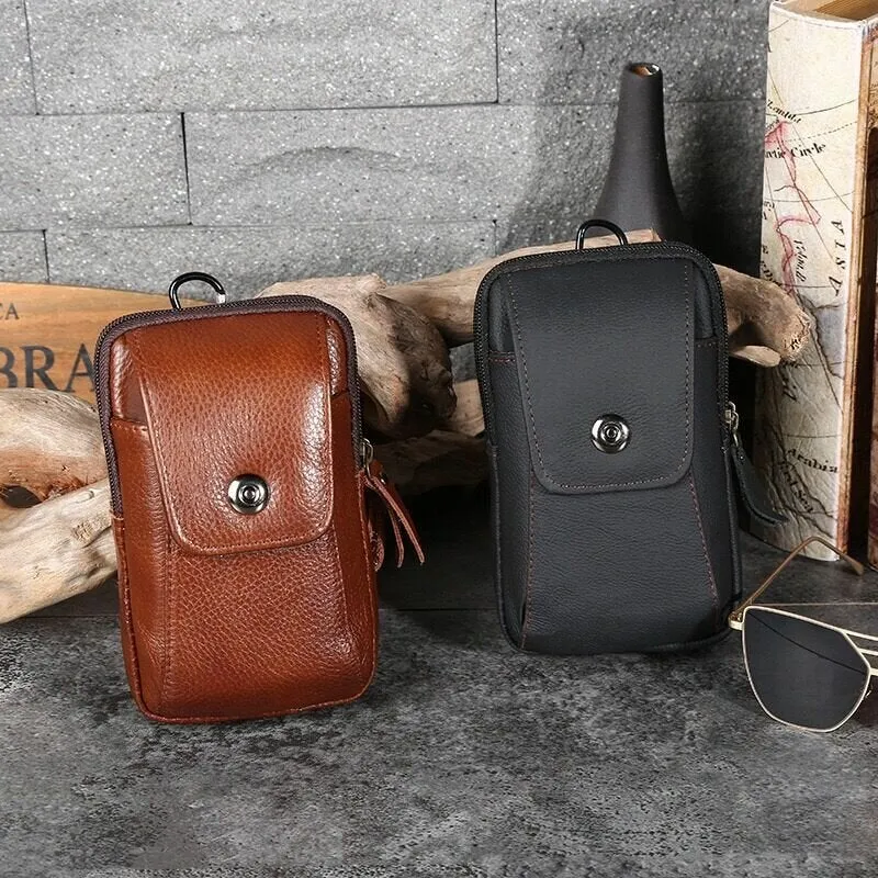 Men Genuine Leather Retro Business Waterproof Hanging 6.3 Inch Phone Bag Waist