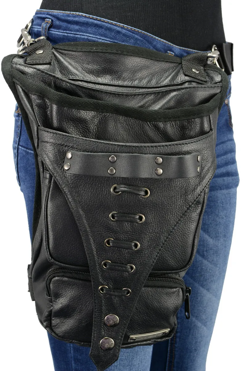 Milwaukee Leather MP8898 Black Leather Conceal and Carry Thigh Bag with Waist Belt