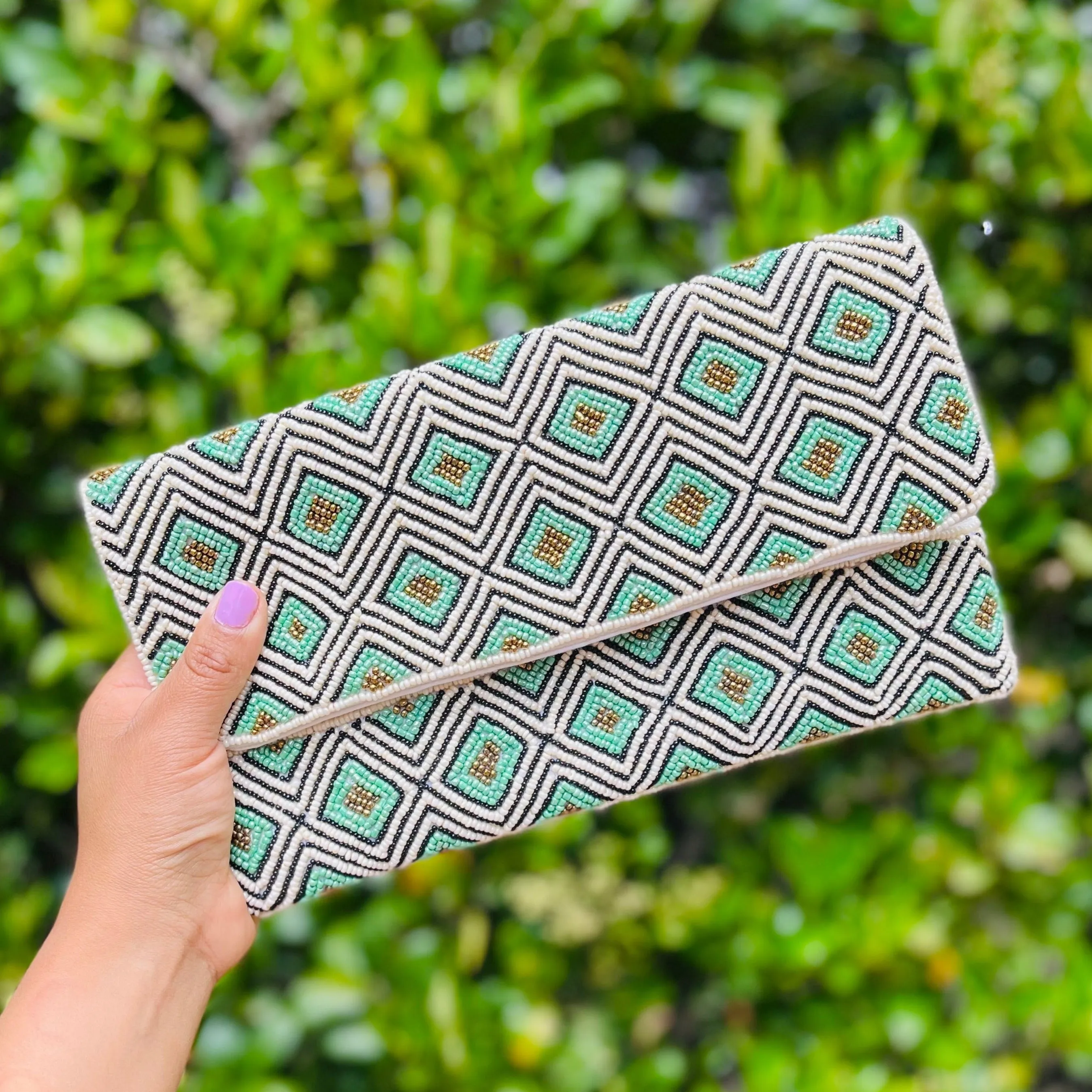 Mint Geo Print Beaded Clutch Purse