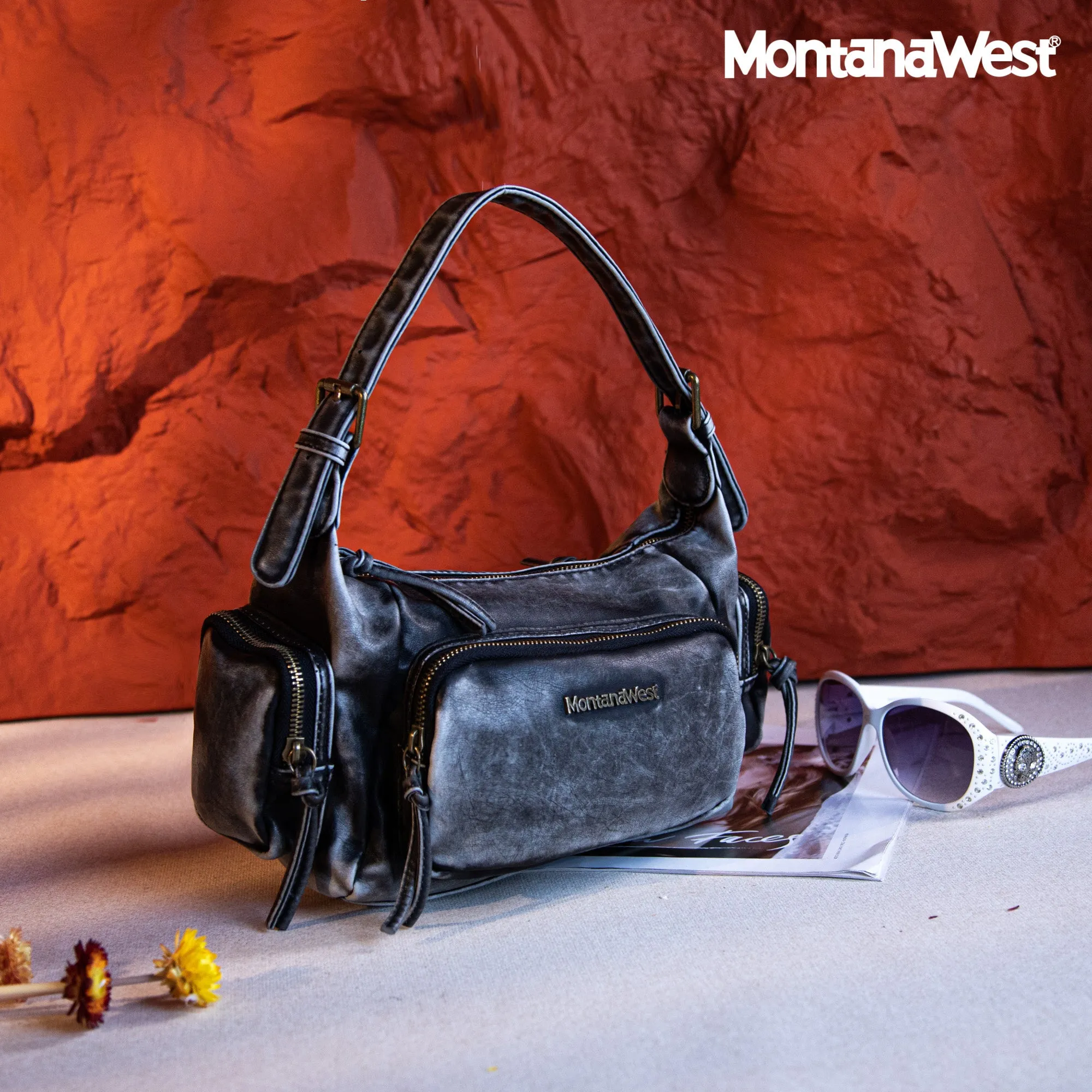 MWC-223 Montana West Stone Wash Hobo/Crossbody - Black