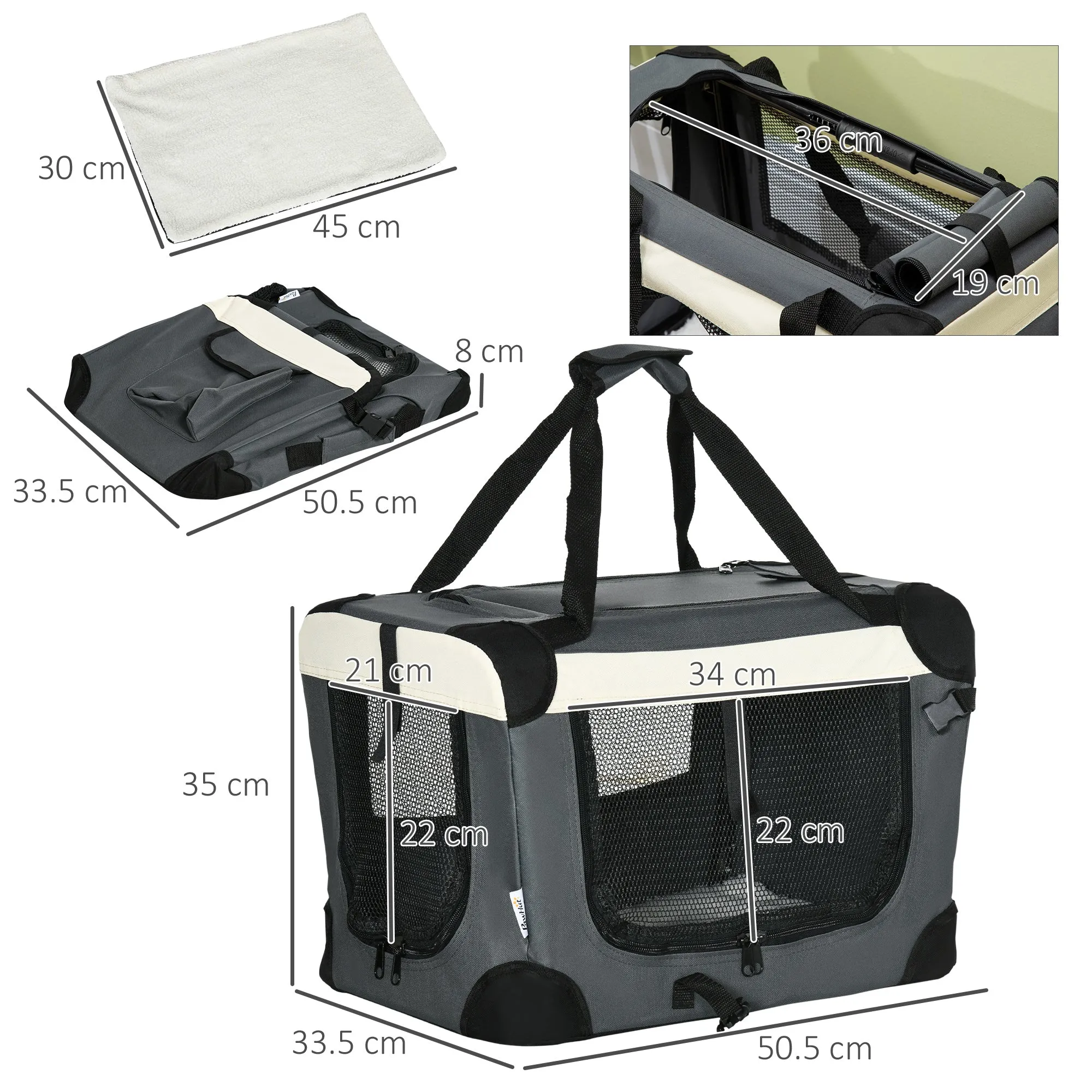 PawHut 51cm Foldable Pet Carrier Bag Soft Travel Dog Crate for Mini Dogs Grey