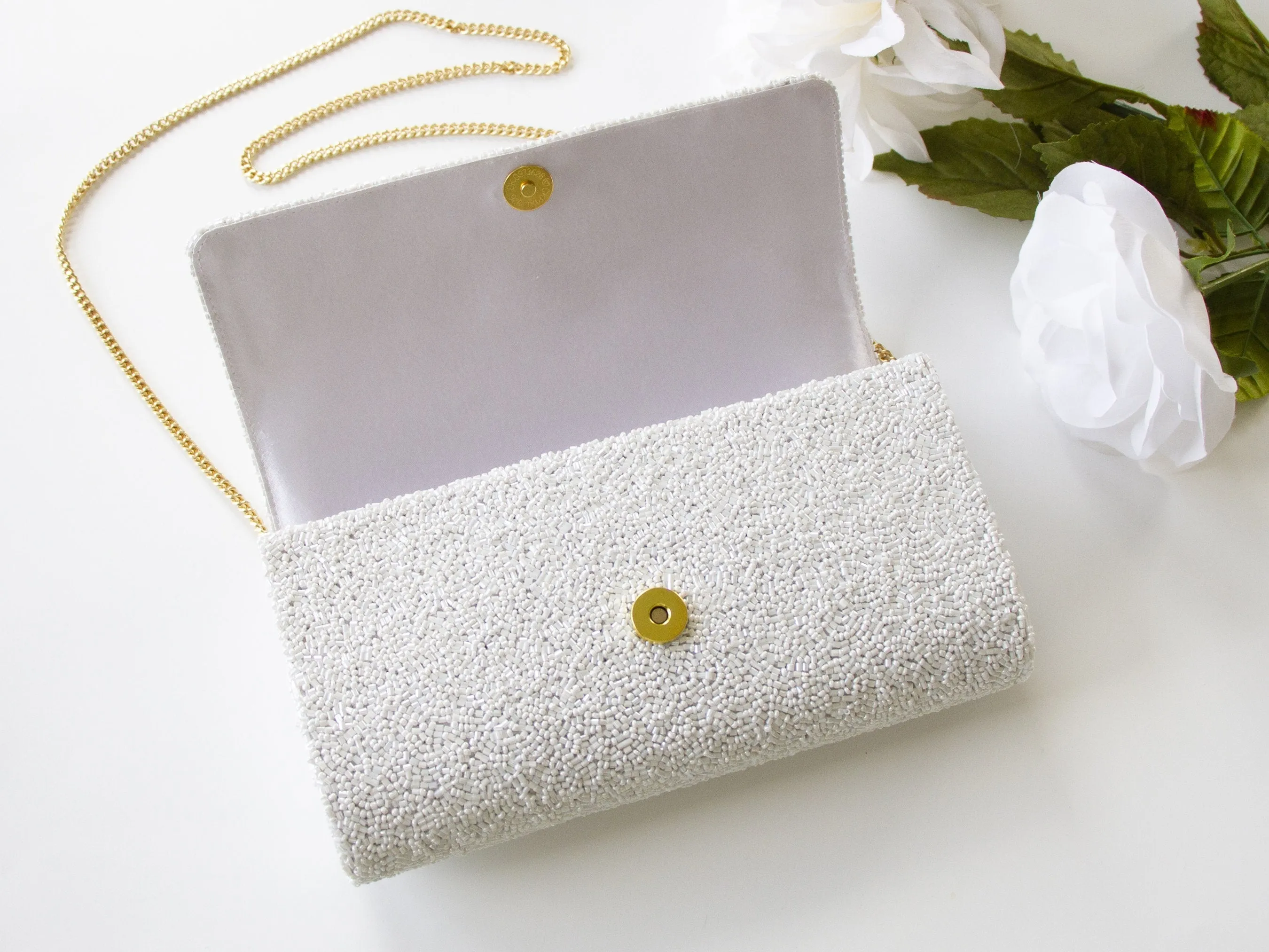 Pearl with Gold Personalized Hand Beaded Clutch (FOG)