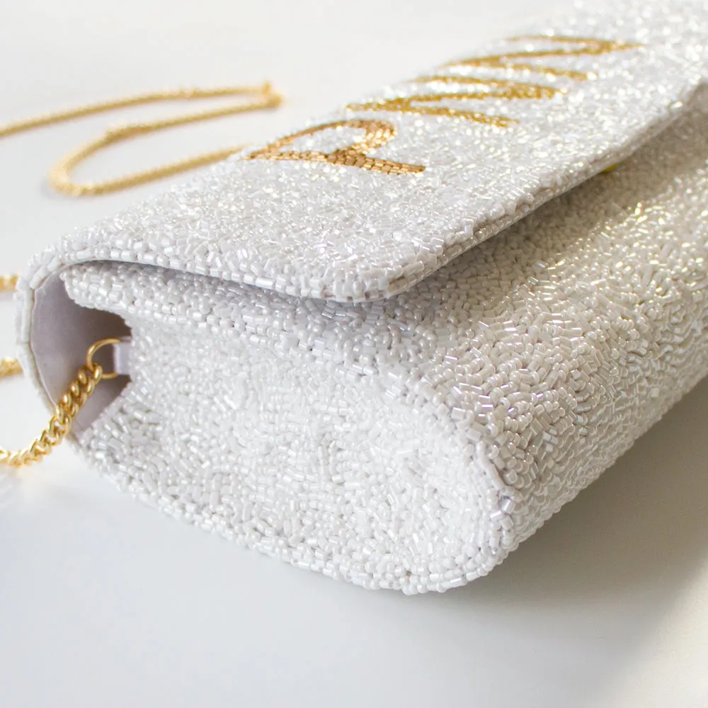 Pearl with Gold Personalized Hand Beaded Clutch (FOG)