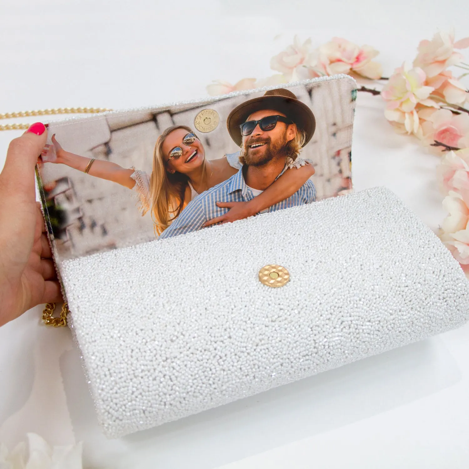 Pearl with Gold Personalized Hand Beaded Clutch (FOG)