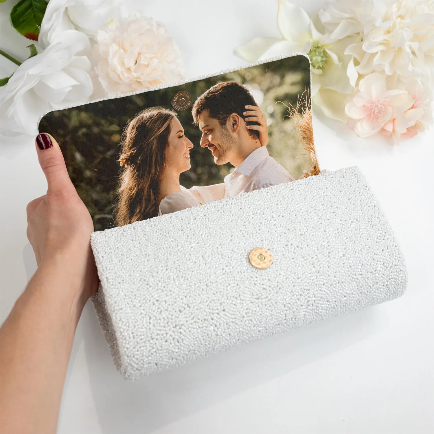 Pearl with Gold Personalized Hand Beaded Clutch (FOG)