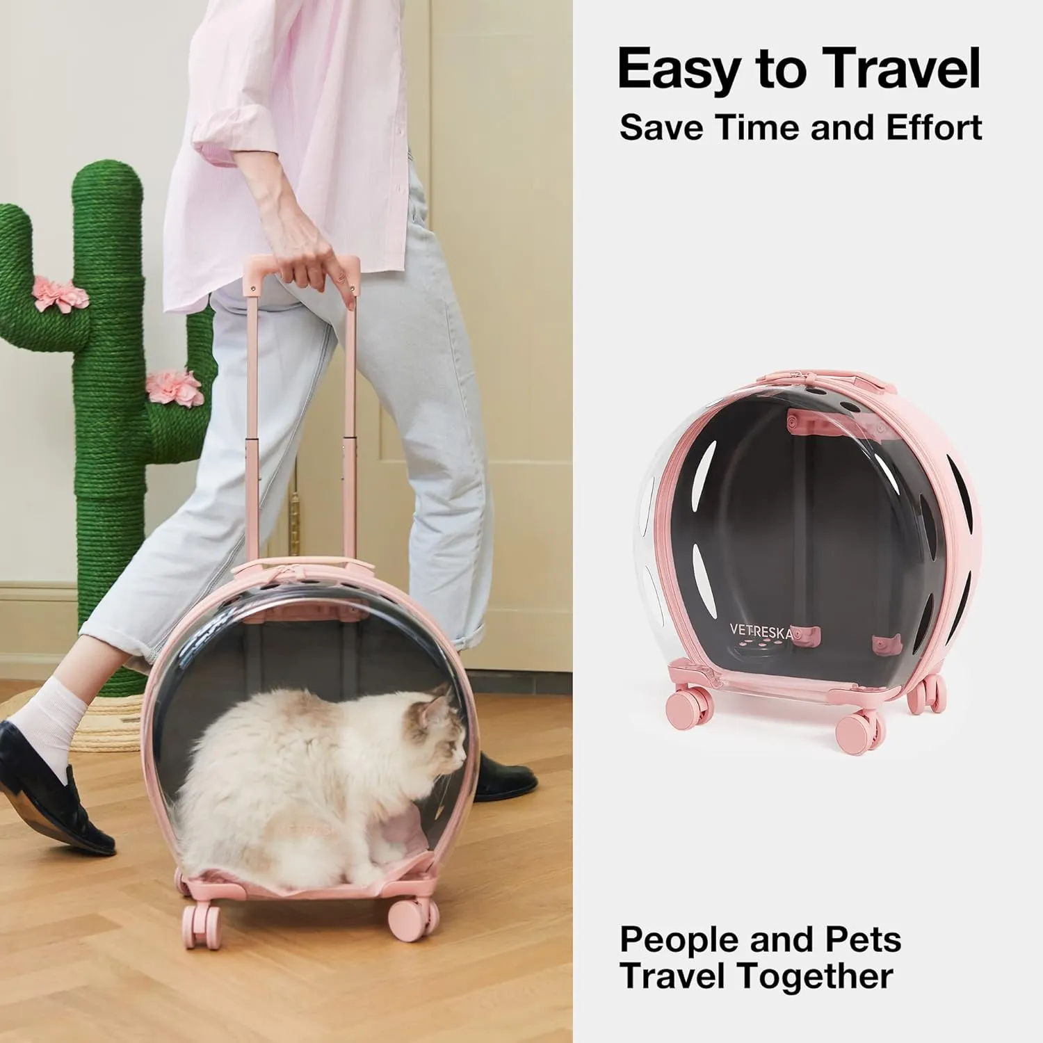 Pet Carrier with 1 Stickers and 2 Mats, Pink Pet Partially Transport Luggage with Wheels and Telescopic Handle, Pet Travel Carrier for Small & Medium Dogs/Cats