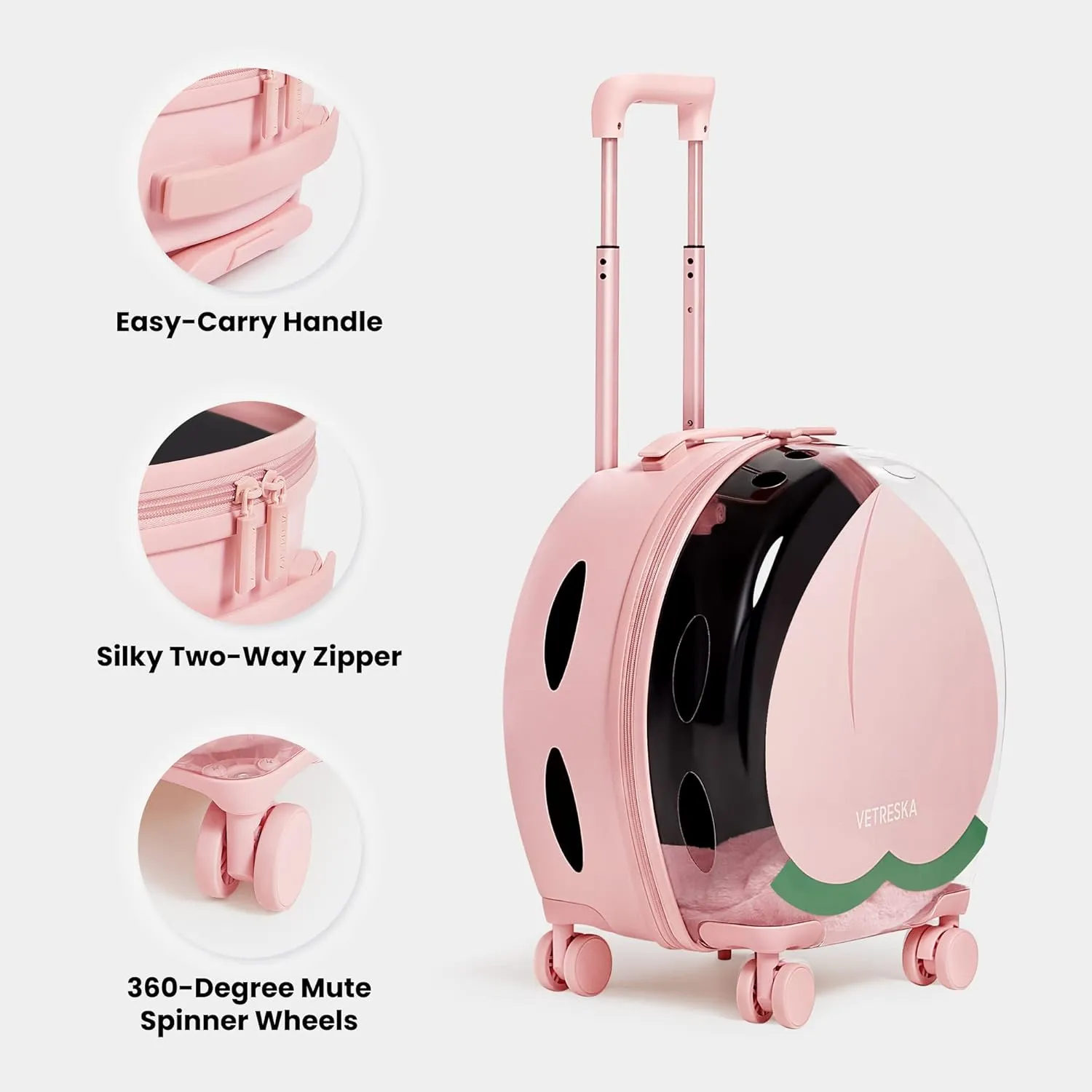 Pet Carrier with 1 Stickers and 2 Mats, Pink Pet Partially Transport Luggage with Wheels and Telescopic Handle, Pet Travel Carrier for Small & Medium Dogs/Cats