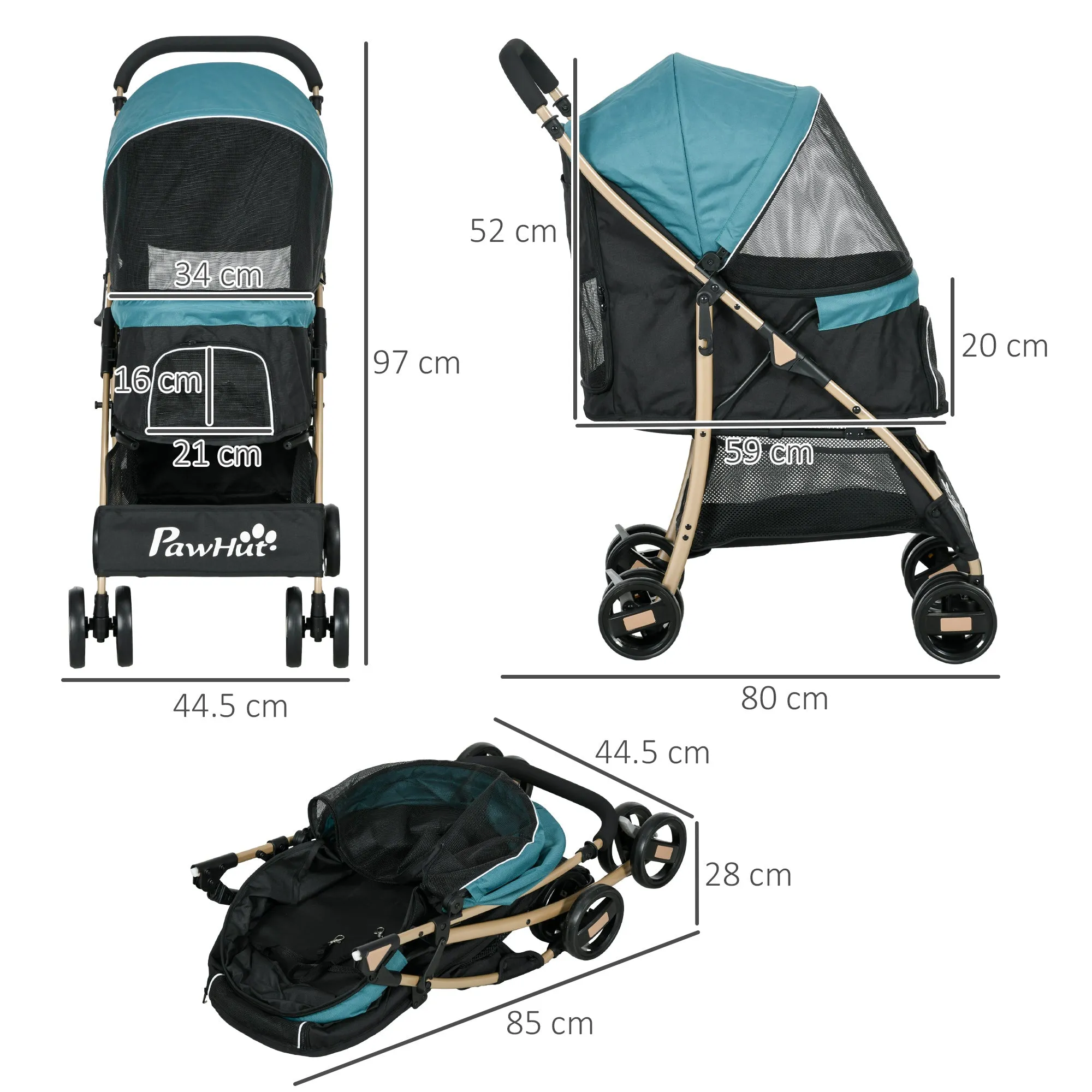 Pet Stroller for XS and S Dogs w/ Rain Cover - Dark Green