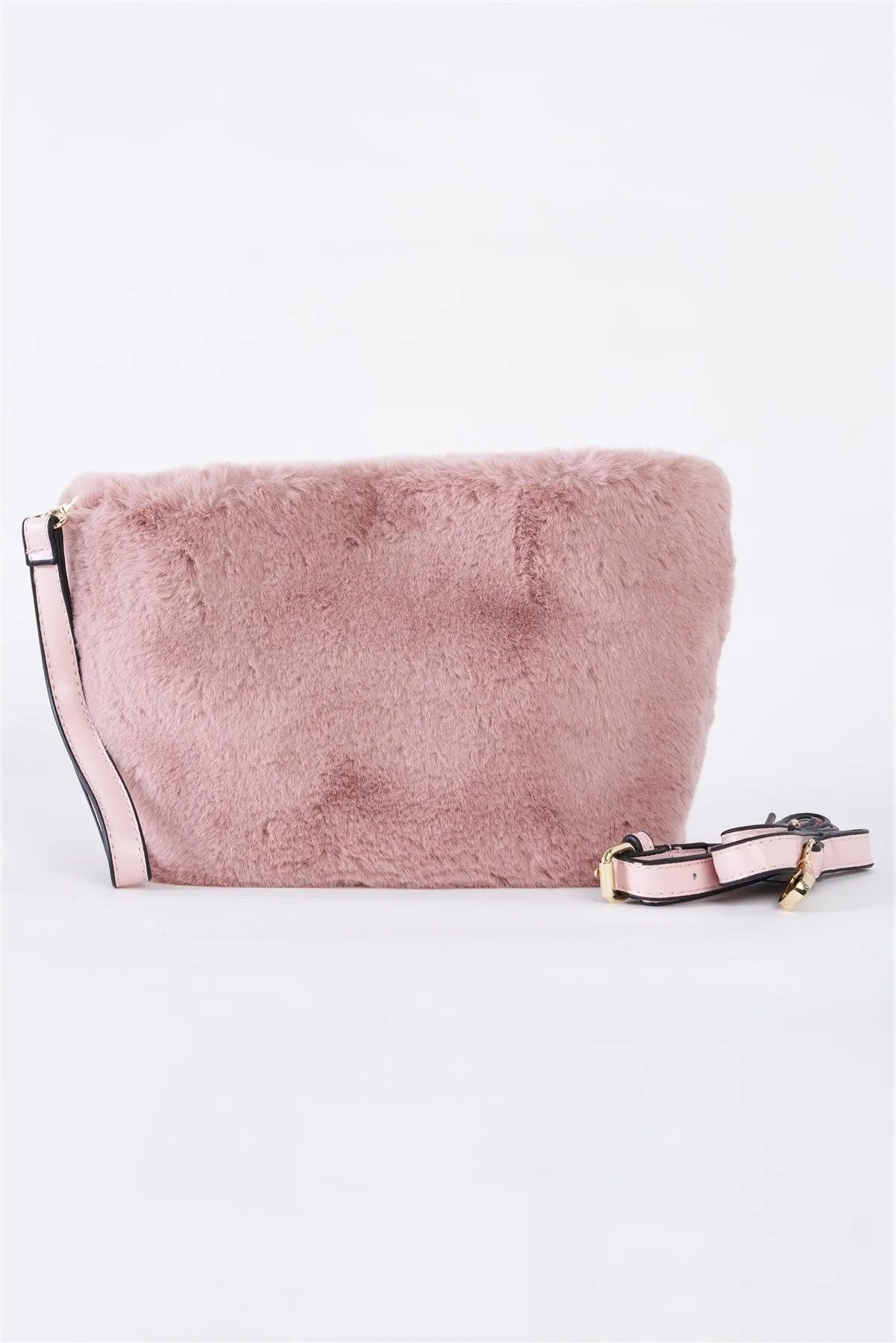 Pink Faux Fur Hidden Magnetic Snap Button Closure Crossbody Bag / Clutch With Hidden Hand Strap Loop / 1 Bag