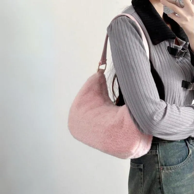 Pink Plush Shoulder Tote Bag