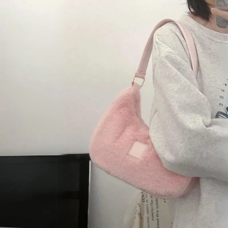 Pink Plush Shoulder Tote Bag