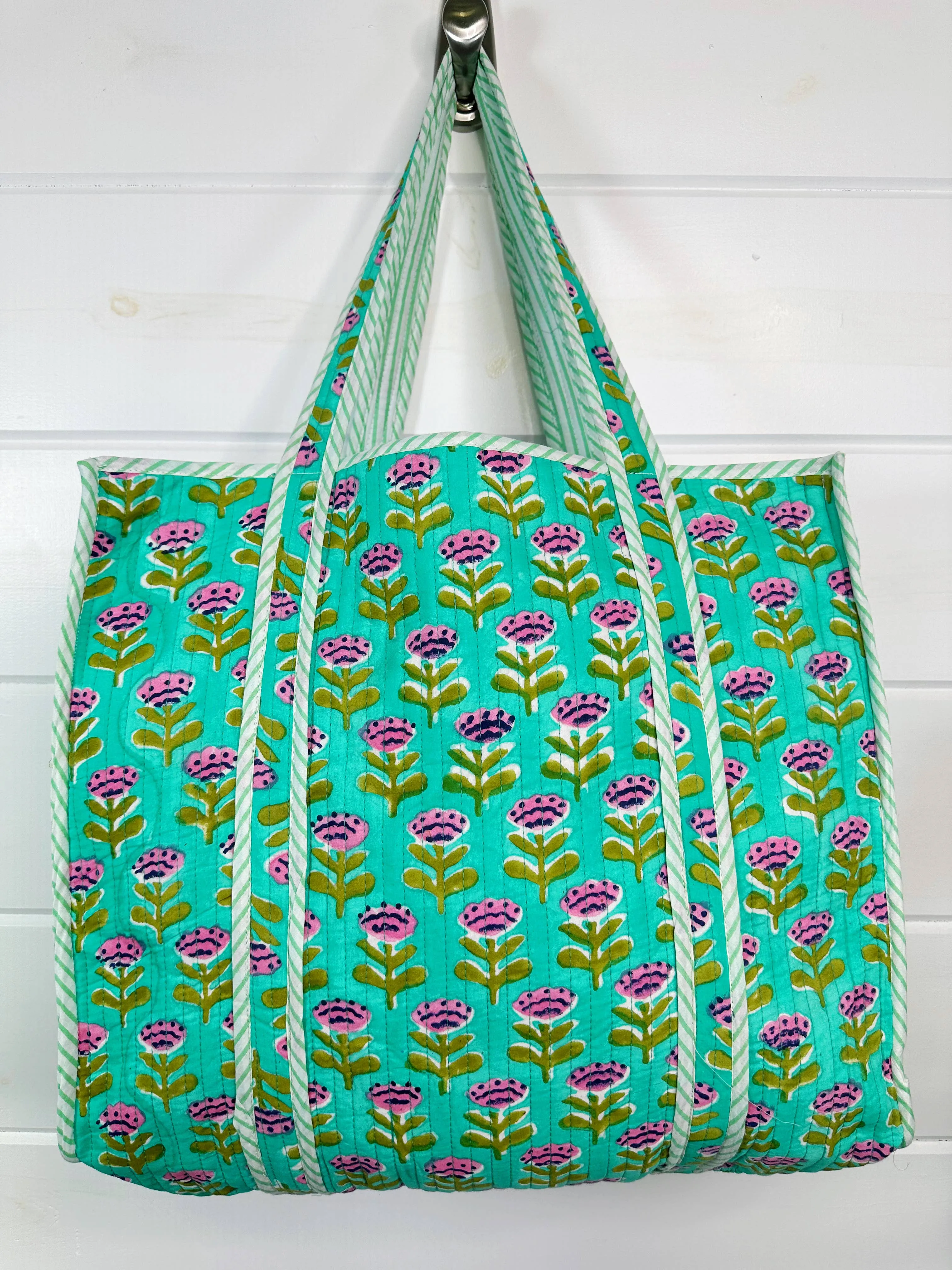 Quilted Tote Bag | Aqua Floral Bag | Large Shopping Tote Bag