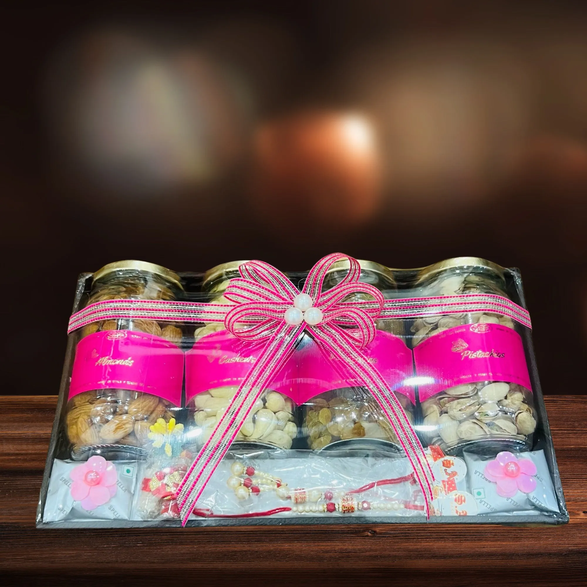 Rakhi Eco Gift Hamper with 4 Dry Fruits in Jar