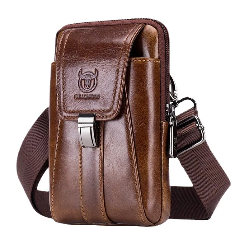 Retro Genuine Leather Zipper Phone Bag Waist Shoulder