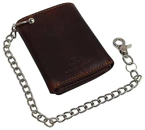 RFID Blocking Men's Classic Biker Chain Trifold Crazy Horse Leather Wallet