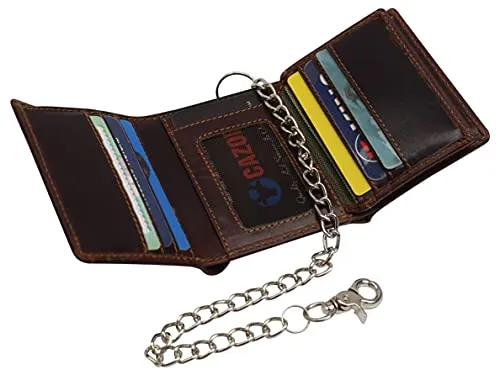 RFID Blocking Men's Classic Biker Chain Trifold Crazy Horse Leather Wallet