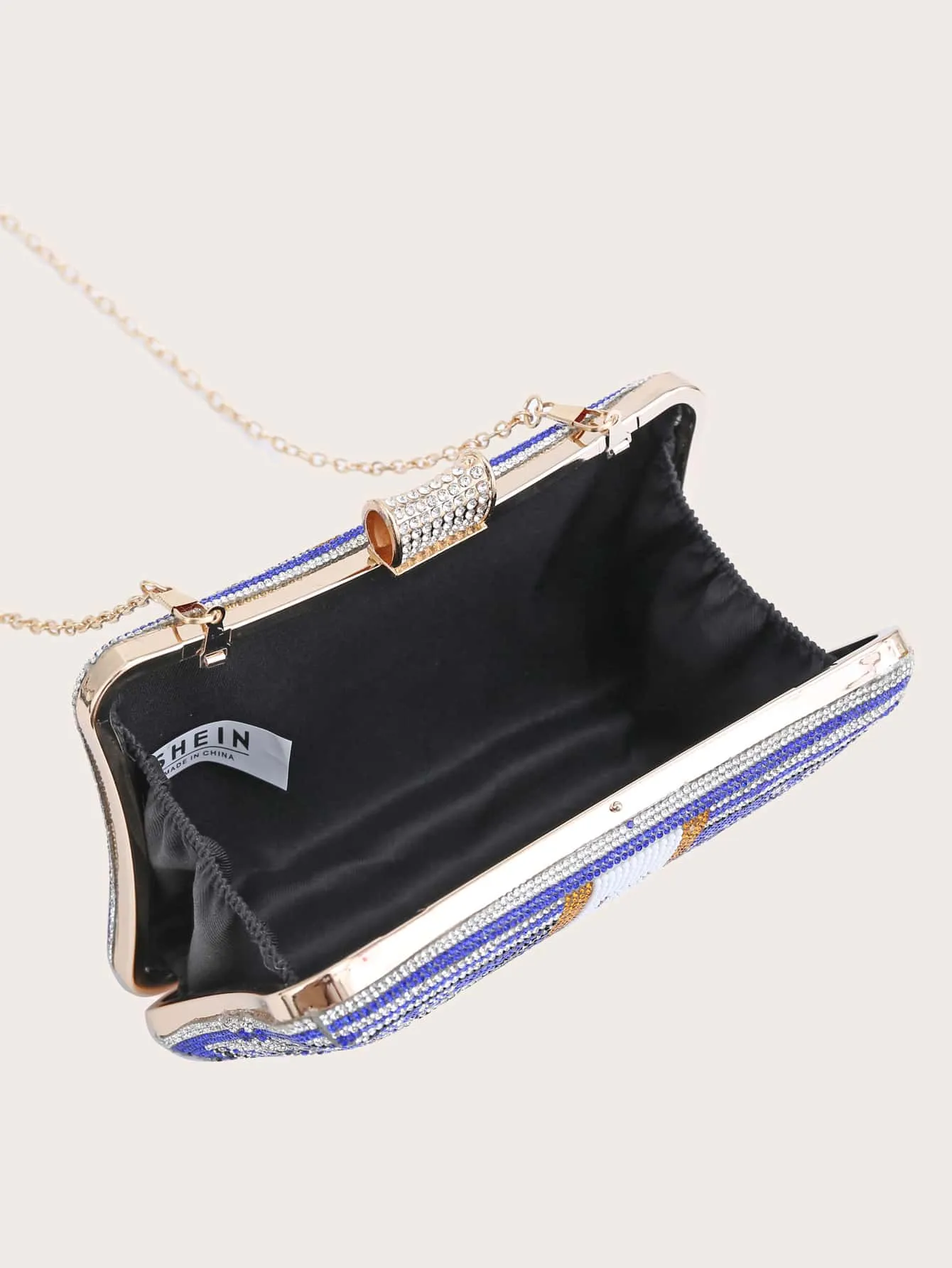 Rhinestone Decor Letter Graphic Chain Clutch Bag