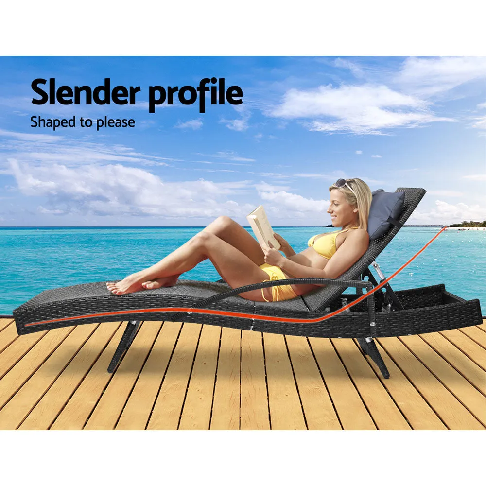 Set of 2 Bianca Outdoor Sun Lounger Chairs with Pillow Headrests - Black