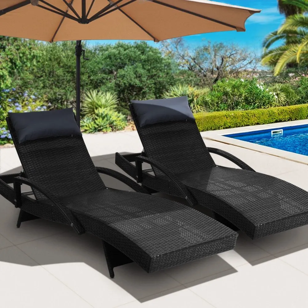 Set of 2 Bianca Outdoor Sun Lounger Chairs with Pillow Headrests - Black