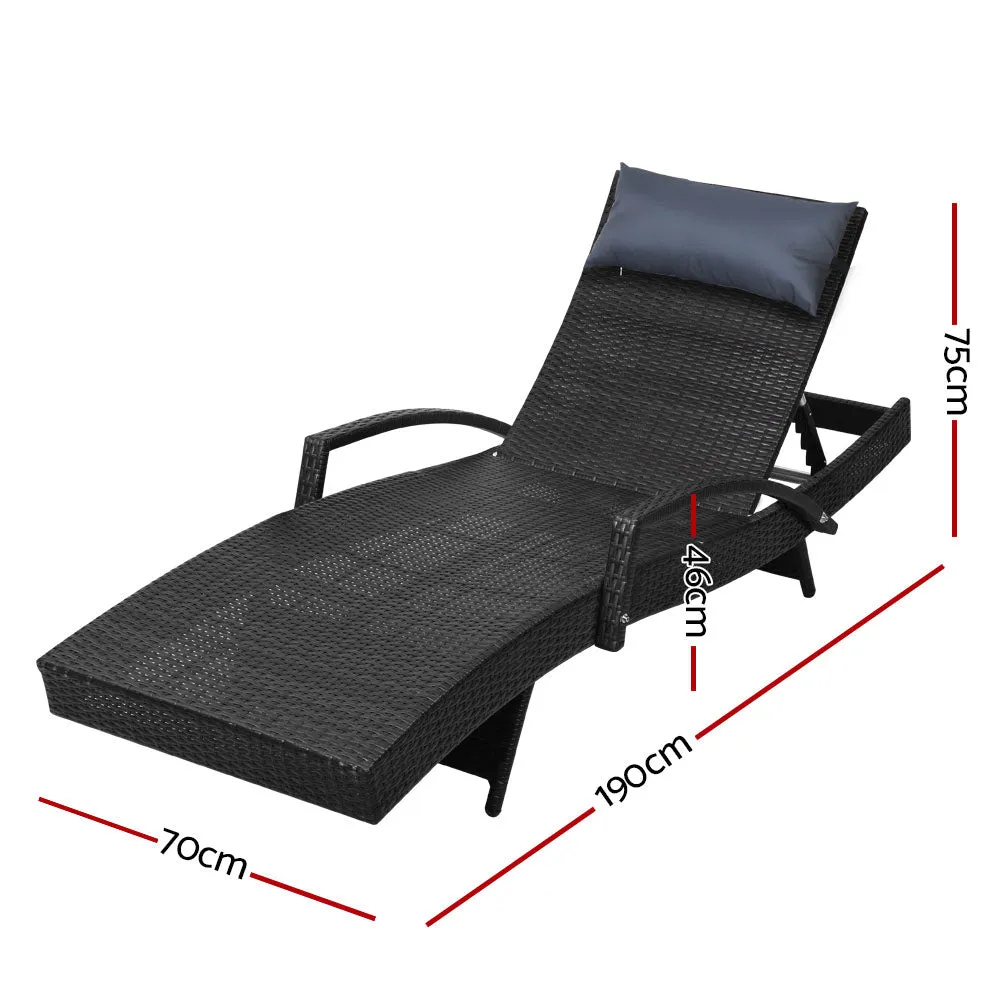 Set of 2 Bianca Outdoor Sun Lounger Chairs with Pillow Headrests - Black