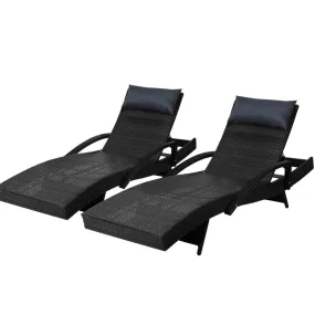 Set of 2 Bianca Outdoor Sun Lounger Chairs with Pillow Headrests - Black