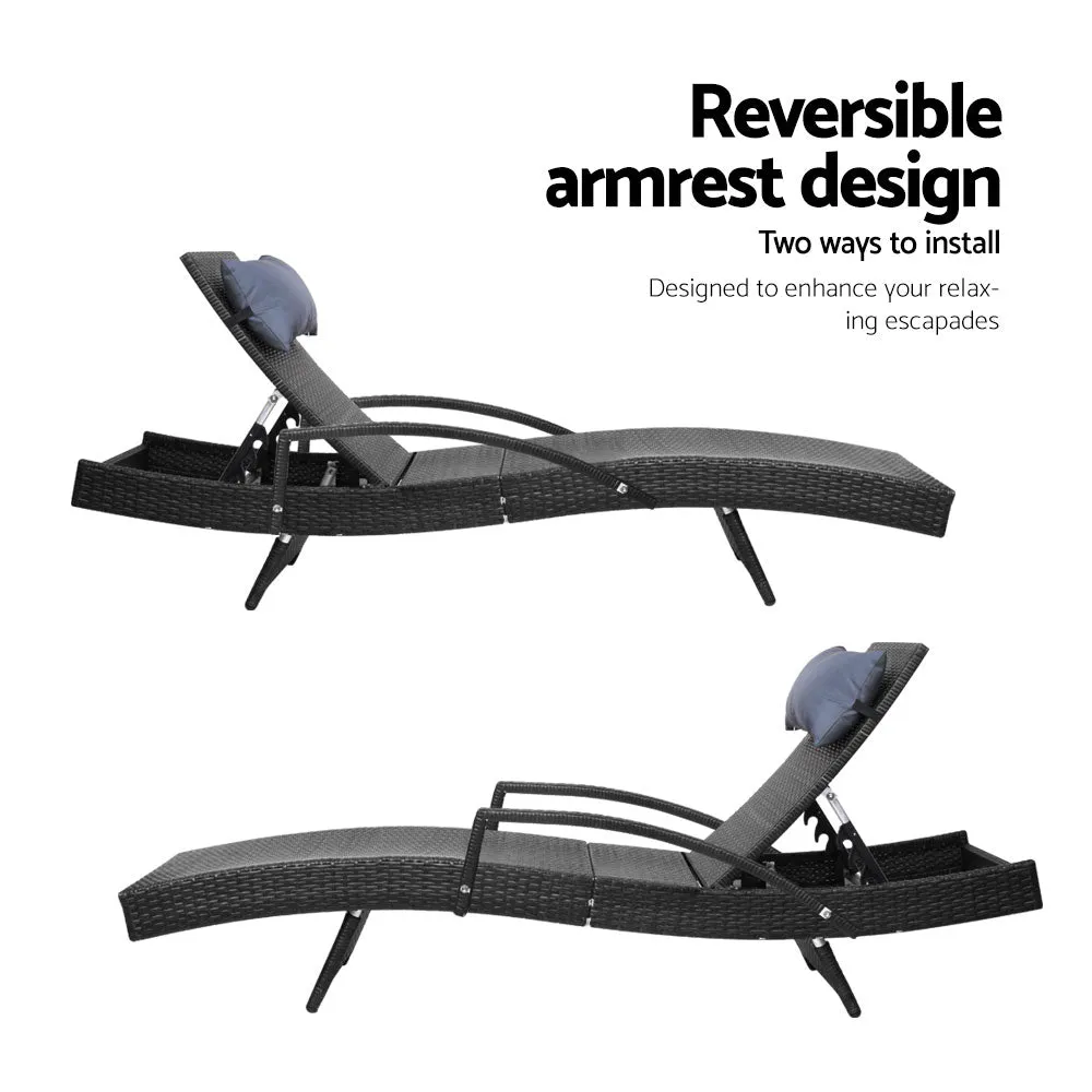 Set of 2 Bianca Outdoor Sun Lounger Chairs with Pillow Headrests - Black